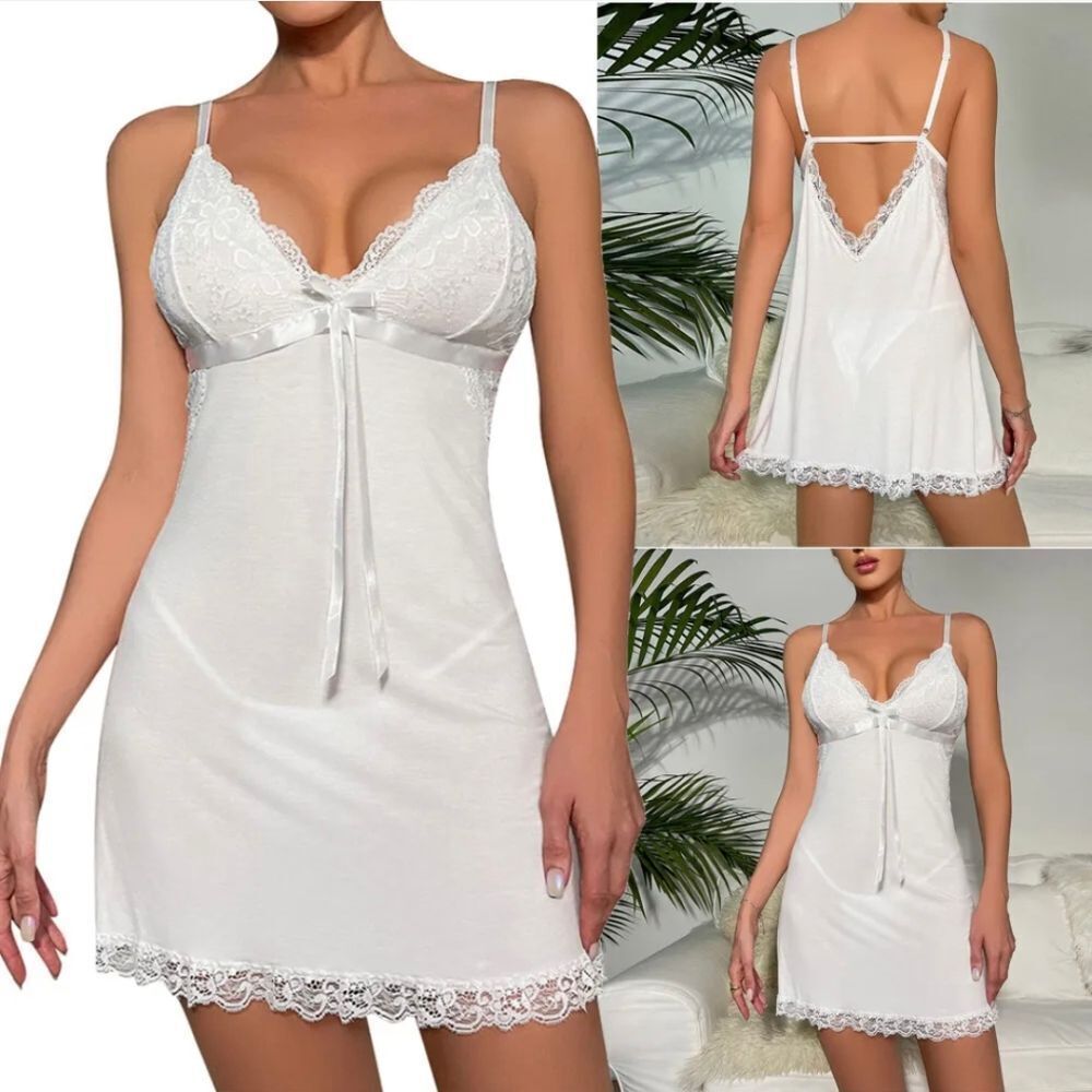White Sexy Women Lingerie Sleepwear Cotton Babydoll Night Dress Lace Nightwear